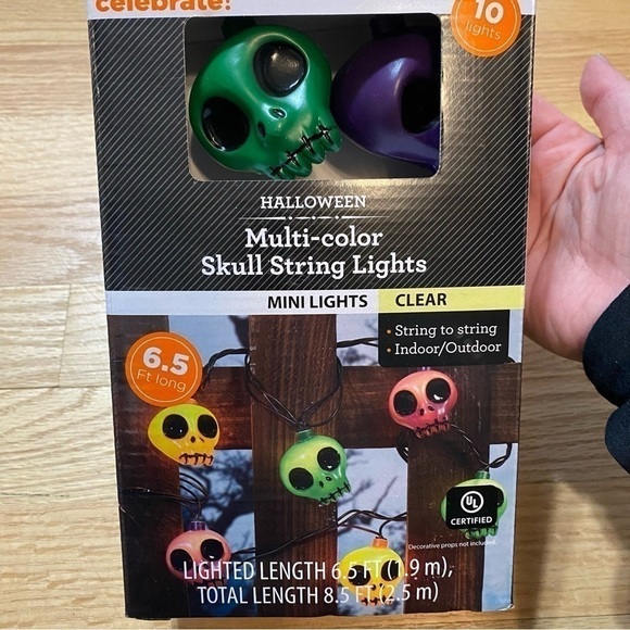 Skull String Lights NEW Halloween Decoration Multi Color Clear 8.5 ft Pink Green - Picture 5 of 6